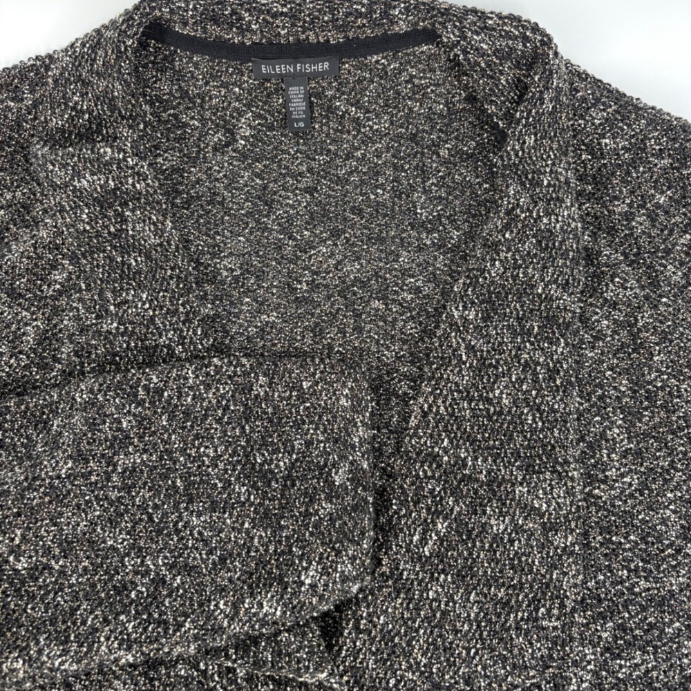 EILEEN FISHER Textured Knit Open Front Cardigan Women L Black‎ White Tweed Knit